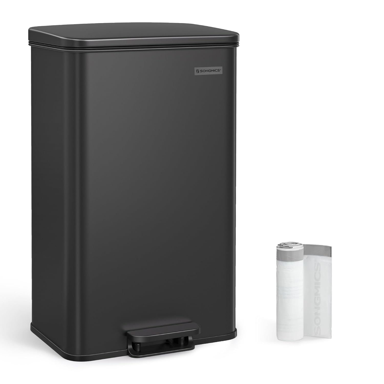 SONGMICS Cos de gunoi din otel, cu pedala si soft-close, saci gunoi inclusi, 40 litri, negru