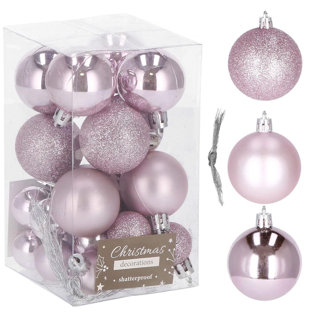 Set globuri de Craciun, 25 bucati, 3 modele, 2,5cm si 4cm, roz