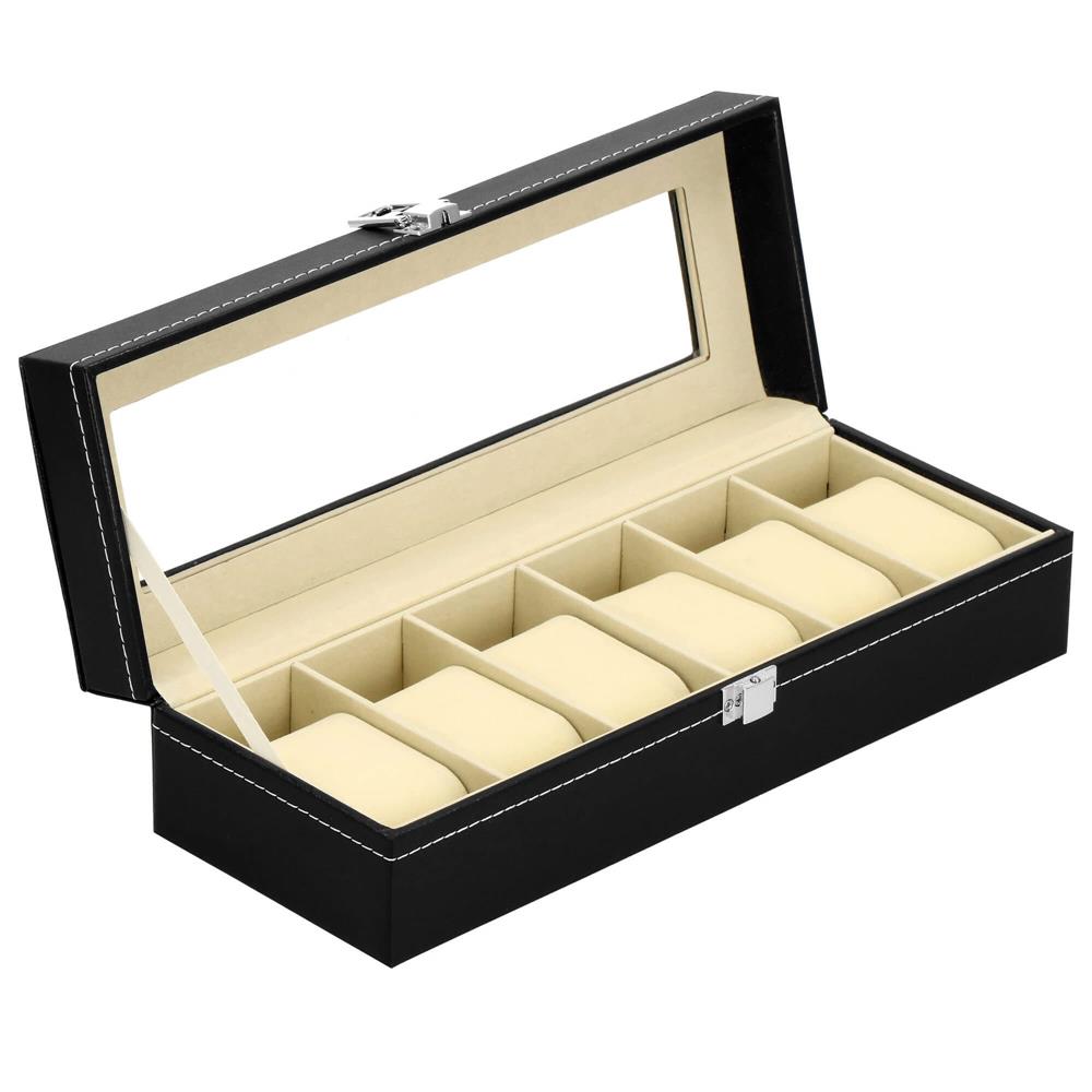 Cutie depozitare si organizare ceasuri, MDF, piele ecologica, 30x11x8cm, negru