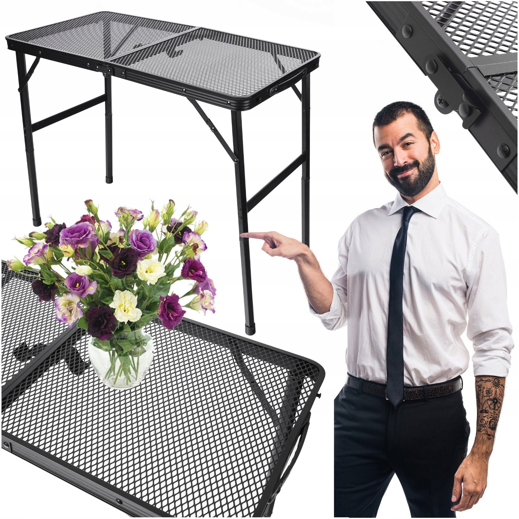 Masa pliabila metalica pentru gradina sau drumetie, 80x40x66cm, inaltime reglabila, neagra