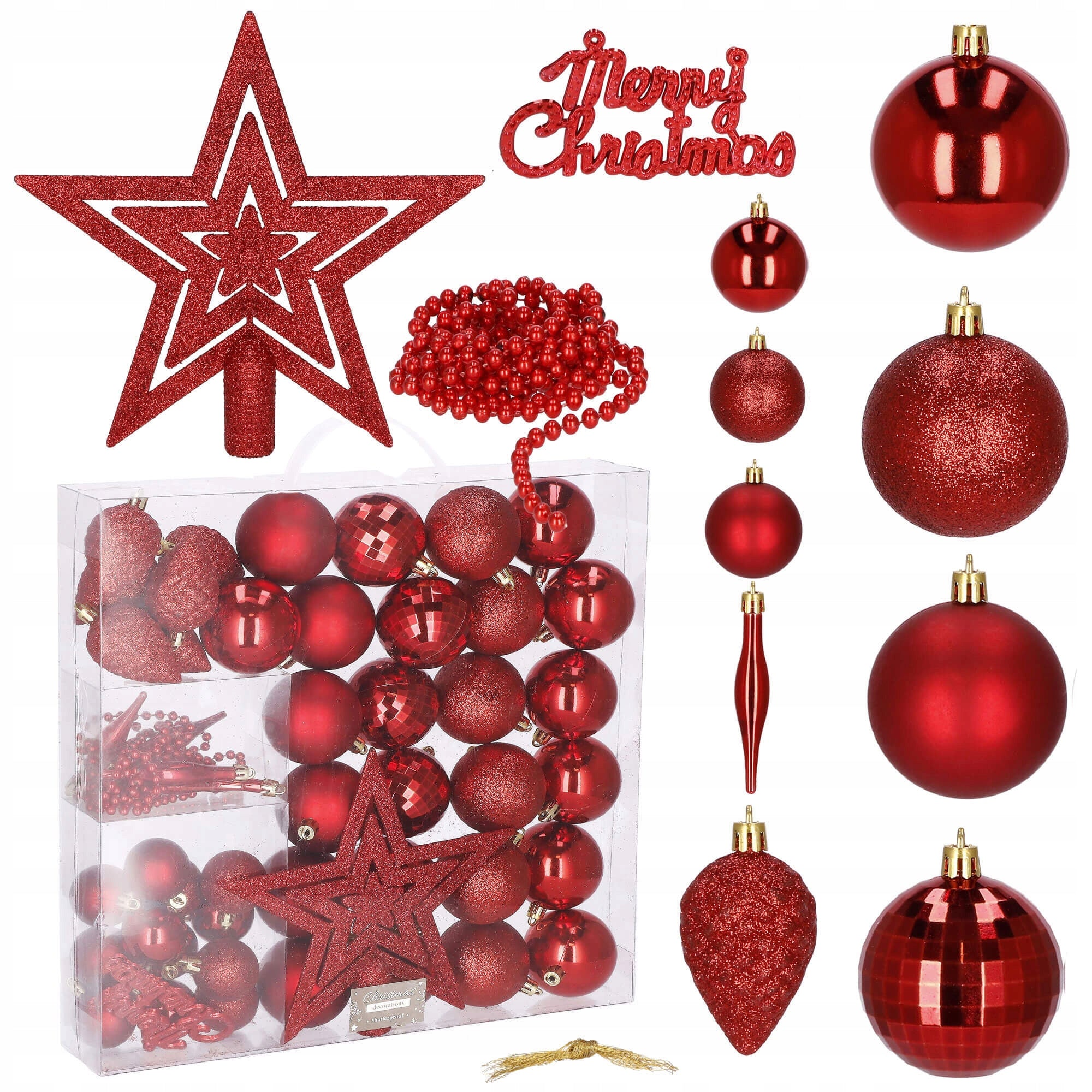 Set globuri si decoratiuni de Craciun, 51 piese, diverse dimensiuni, rosu
