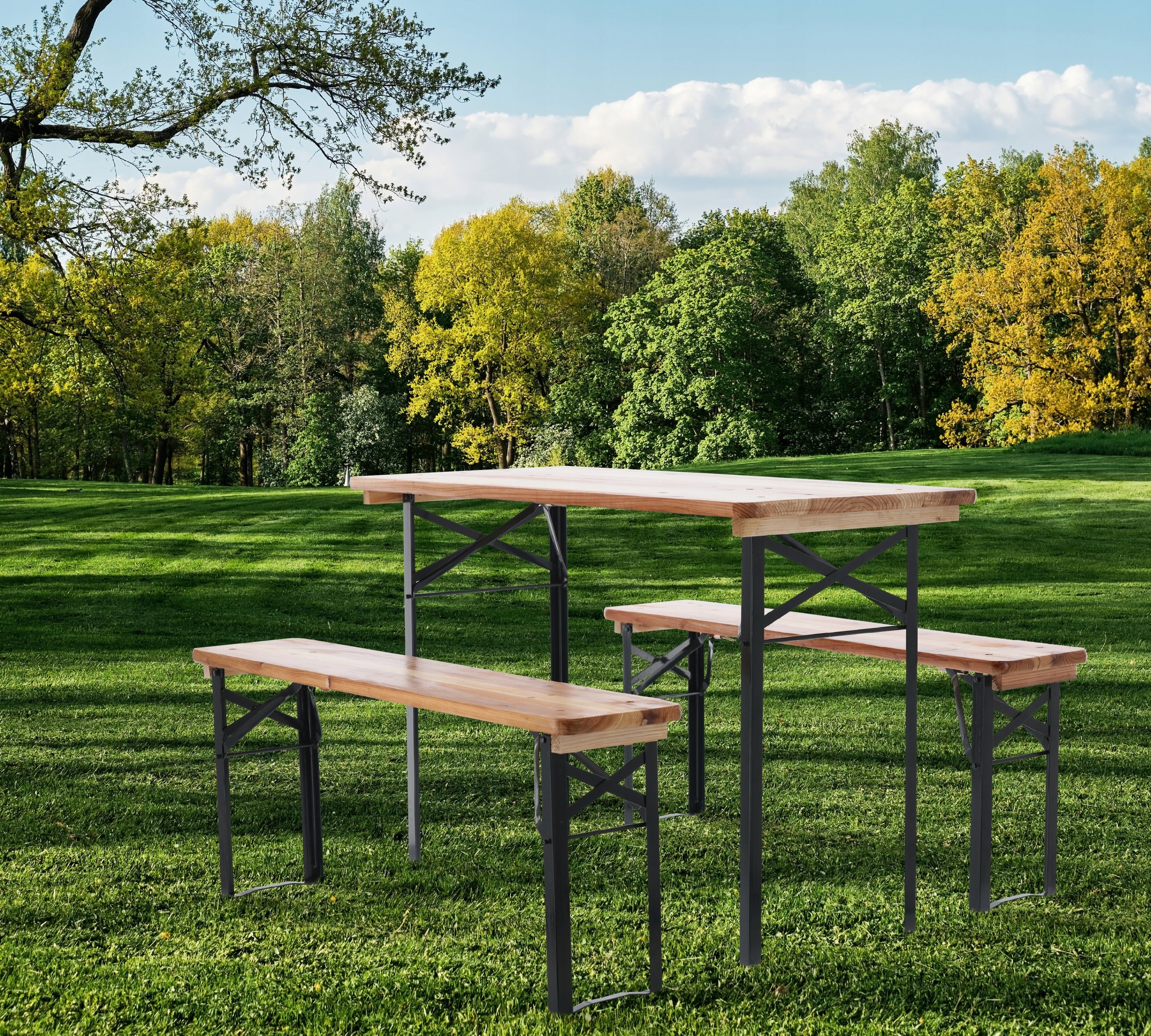 Set berarie din lemn masiv, plabil, pentru terasa sau gradina, o masa si doua banci, 117x56cm, natur