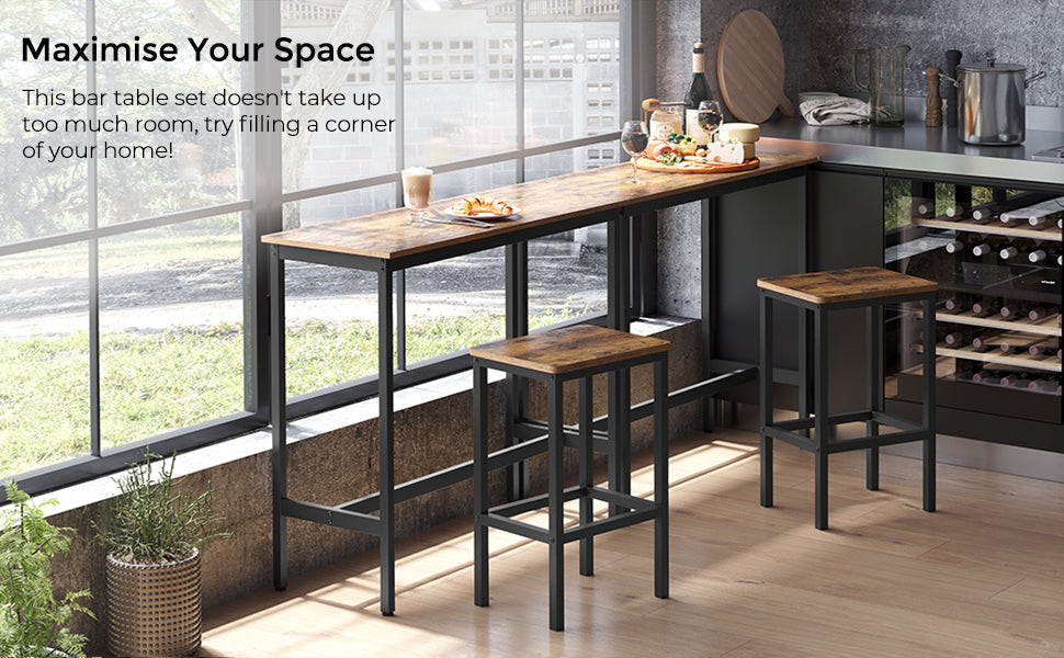 VASAGLE Set masa de bar cu 2 scaune, cadru din otel, blat lemn, design industrial, 100x40x90cm, maro rustic si negru