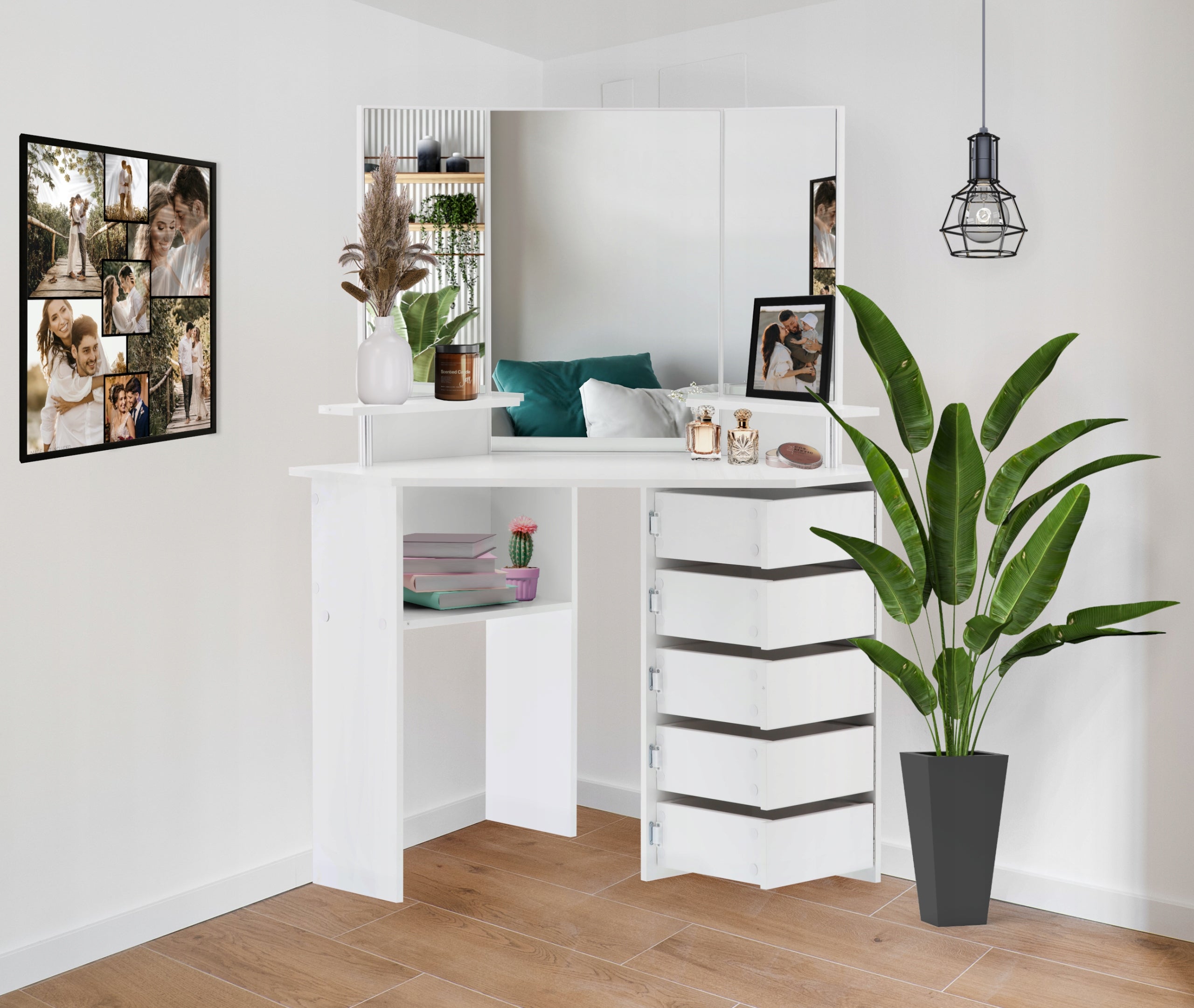 Masa de toaleta pentru colt, cu oglinda si rafturi, 5 sertare practice cu balamale, 111x54x142cm, alb