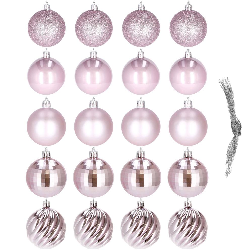 Set globuri de Craciun, 20 bucati, 5 modele, 6cm, roz