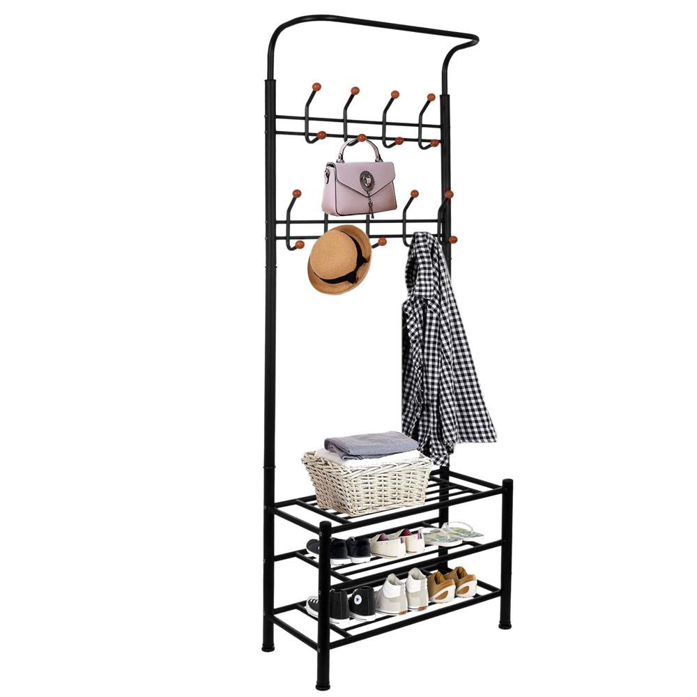 Cuier haine cu suport pantofi, 18 agatatori, 2 rafturi pantofi, 187x67cm, negru