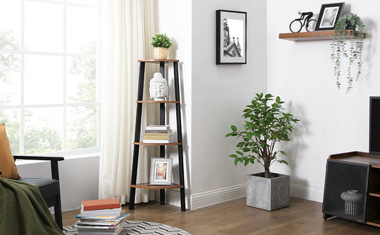 VASAGLE Raft de colt cu 4 etaje, tip biblioteca, cadru metal si polite lemn, industrial, 34x34x125cm, maro rustic - 2