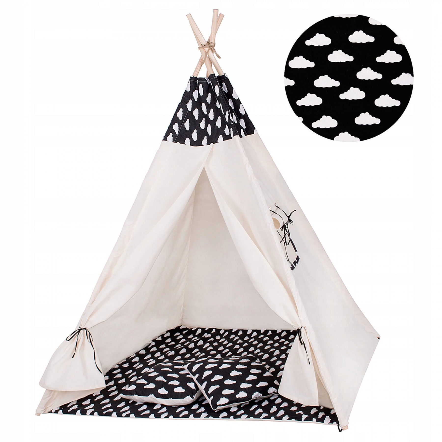 Cort copii Sersimo stil indian Teepee Tent cu fereastra, covoras gros si 2 perne, alb negru cu norisori