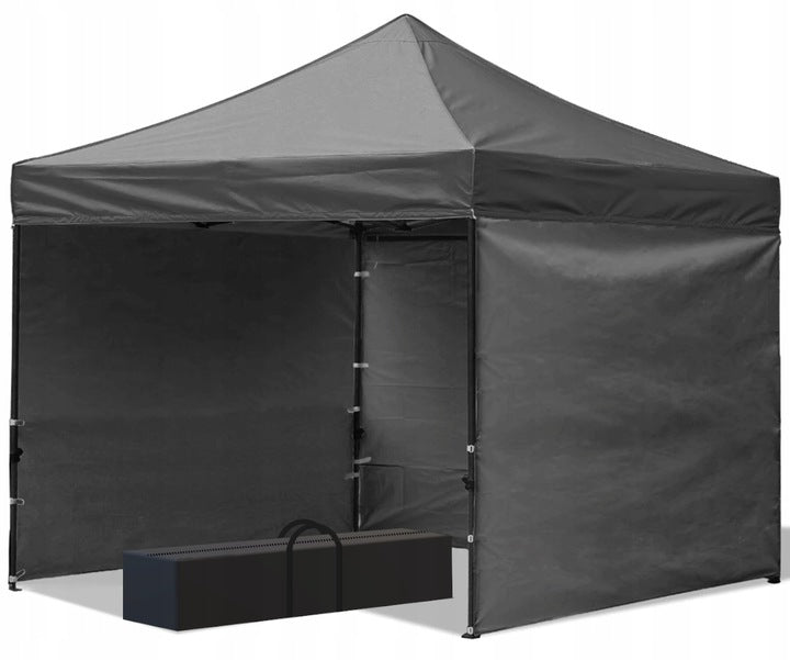 Cort tip pavilion cu 3 pereti laterali, structura solida otel si acoperis impermeabil PVC, 3x3 m cu inaltime reglabila, gri