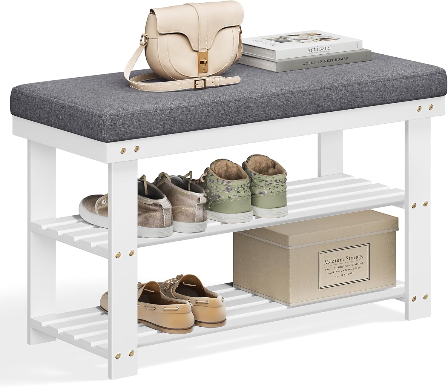 SONGMICS Banca pentru pantofi din bambus, 2 niveluri, cu perna, sarcina 150 kg, 71x29x49 cm, alb si gri