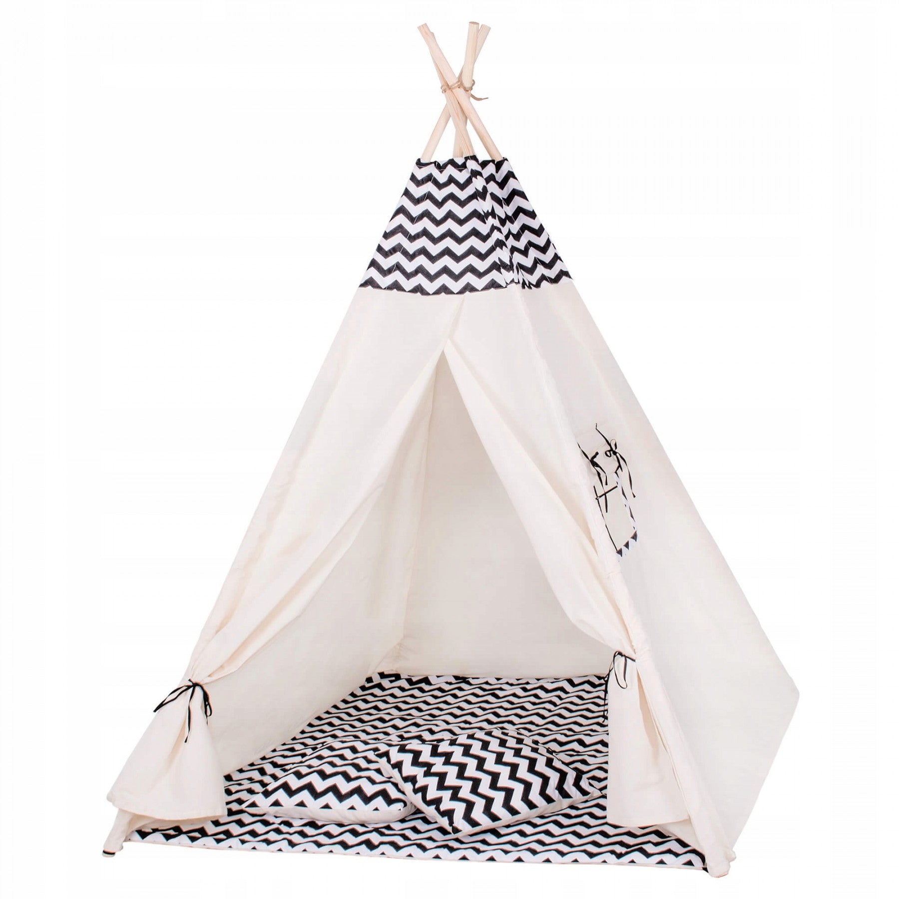Cort copii Sersimo stil indian Teepee Tent cu fereastra, covoras gros si 2 perne, alb negru zig zag