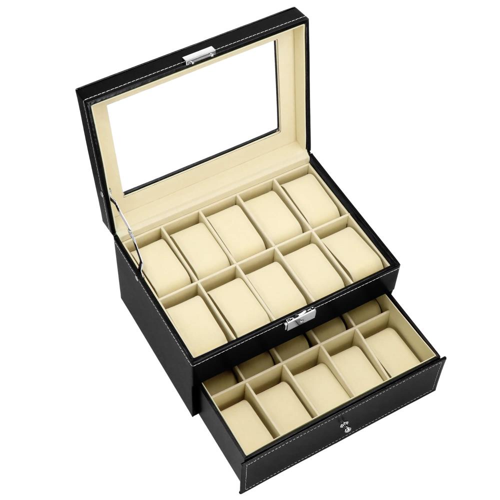 Cutie depozitare si organizare ceasuri, MDF, piele ecologica, 28x20x16,5cm, negru interior crem