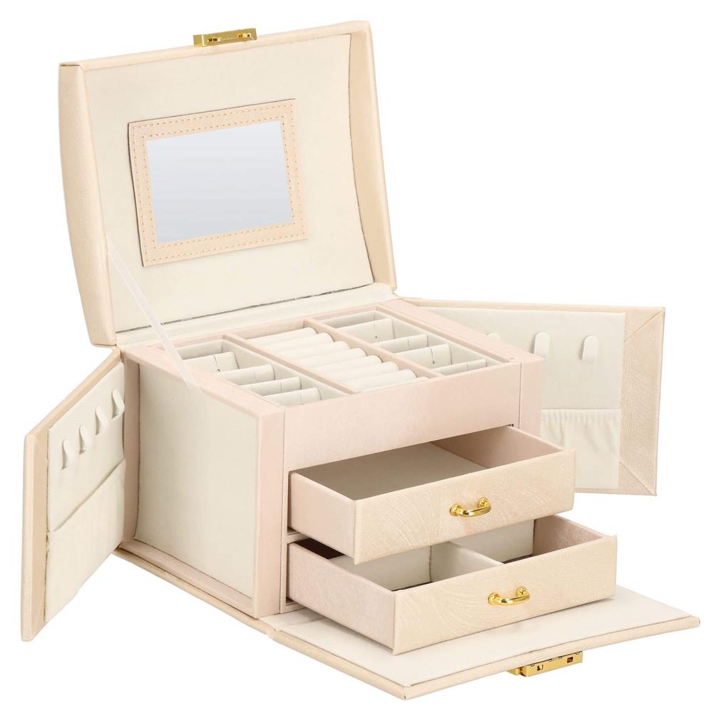 Cutie depozitare si organizare bijuterii, piele ecologica + velur, 18 x 13,5 x 14cm, crem