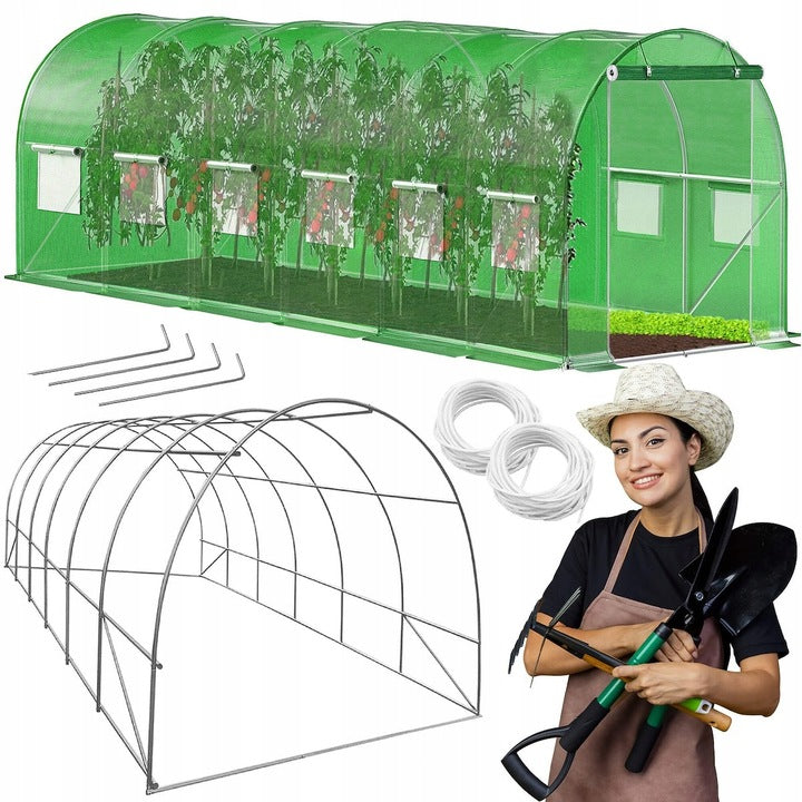 Sera de gradina, tip tunel cu cadru metalic, 300x600cm, 13 ferestre, verde, 18 mp