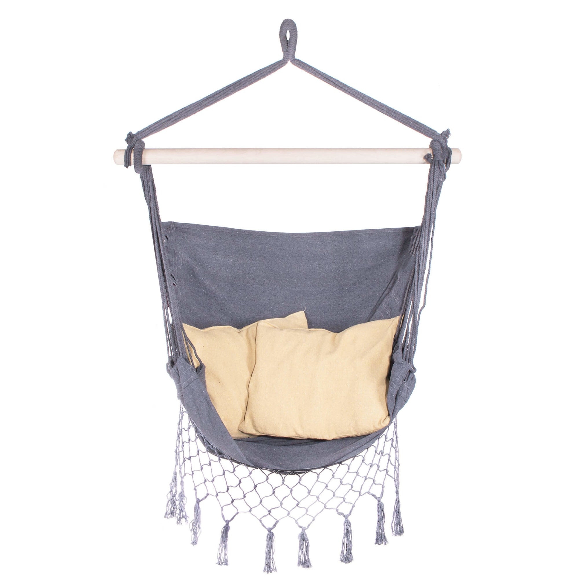 Hamac tip leagan suspendat pentru casa sau gradina HM12, gri inchis cu perne, 130x100cm, 150kg