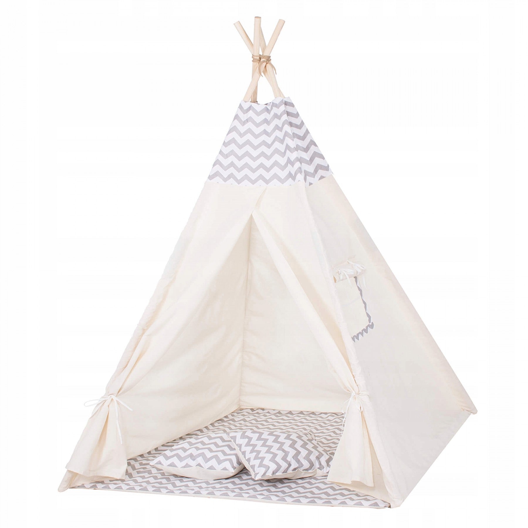 Cort copii Sersimo stil indian Teepee Tent cu fereastra, covoras gros si 2 perne, alb gri deschis zig zag