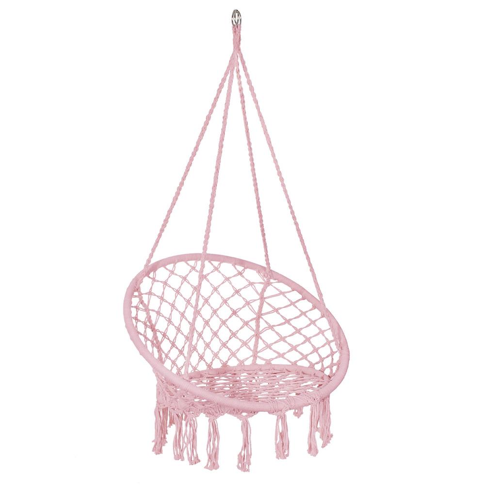 Scaun rotund tip leagan suspendat pentru casa sau gradina SPR42, cu franjuri, 150kg, roz