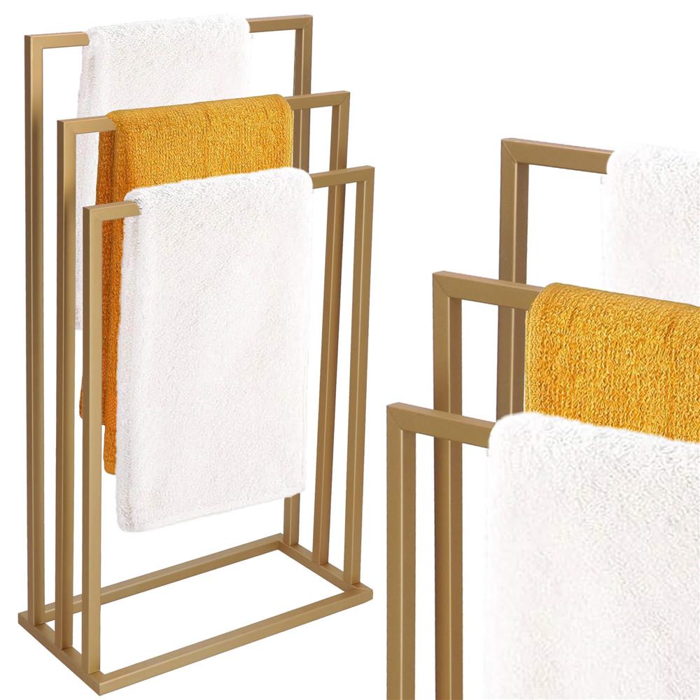 Suport metalic de baie pentru prosoape, cu 3 standuri, 86 cm, auriu mat