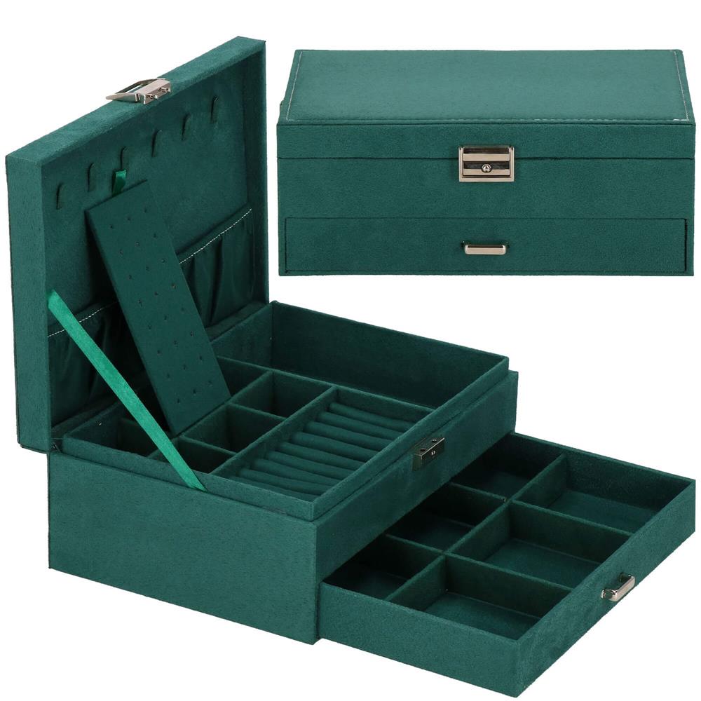 Cutie depozitare si organizare bijuterii, velur, 27 x 19 x 10,5 cm, verde