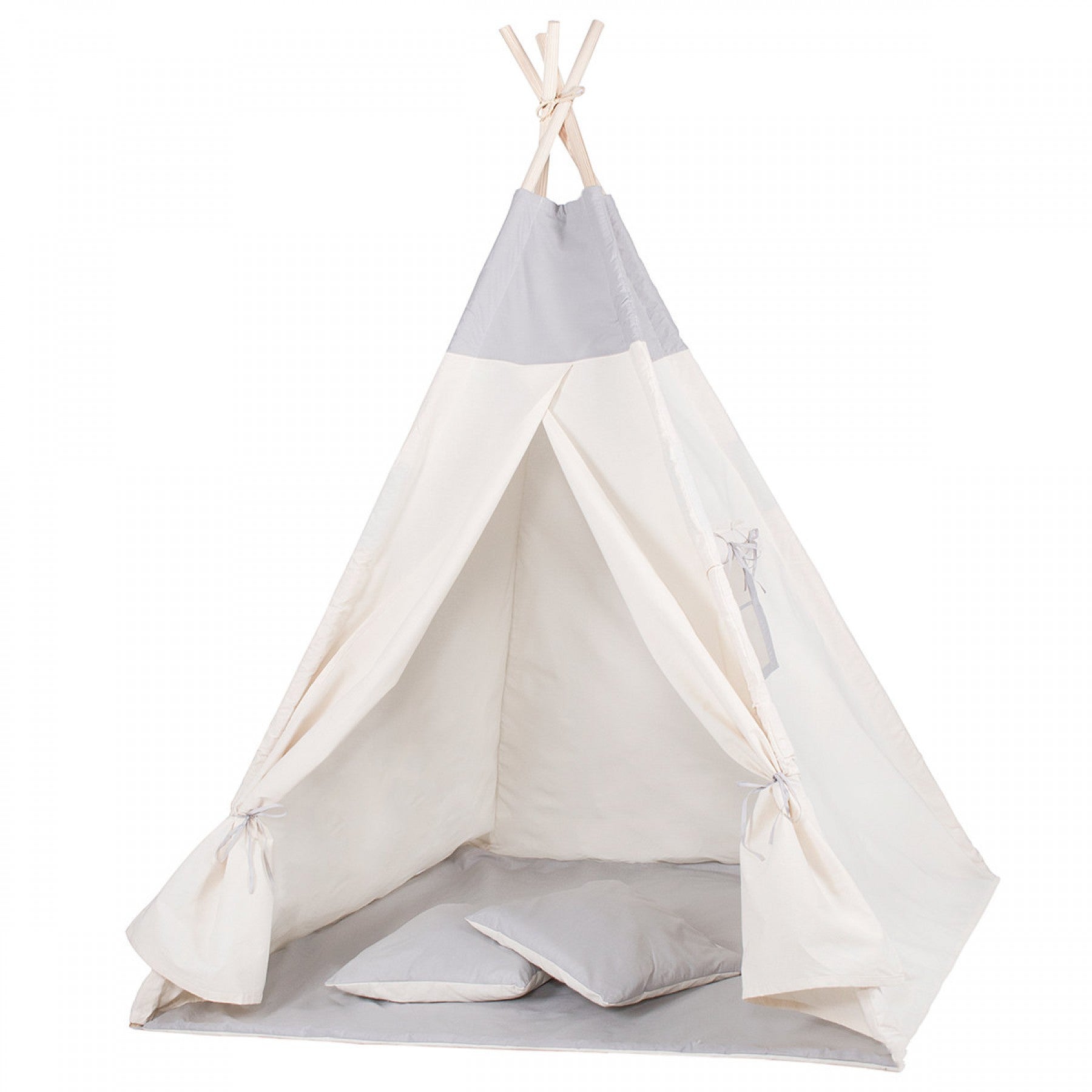 Cort copii Sersimo stil indian Teepee Tent cu fereastra, covoras gros si 2 perne, alb gri monocrom