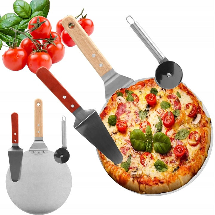 Set 3 accesorii pentru pizza, tava, spatula si taietor, inox cu manere din lemn