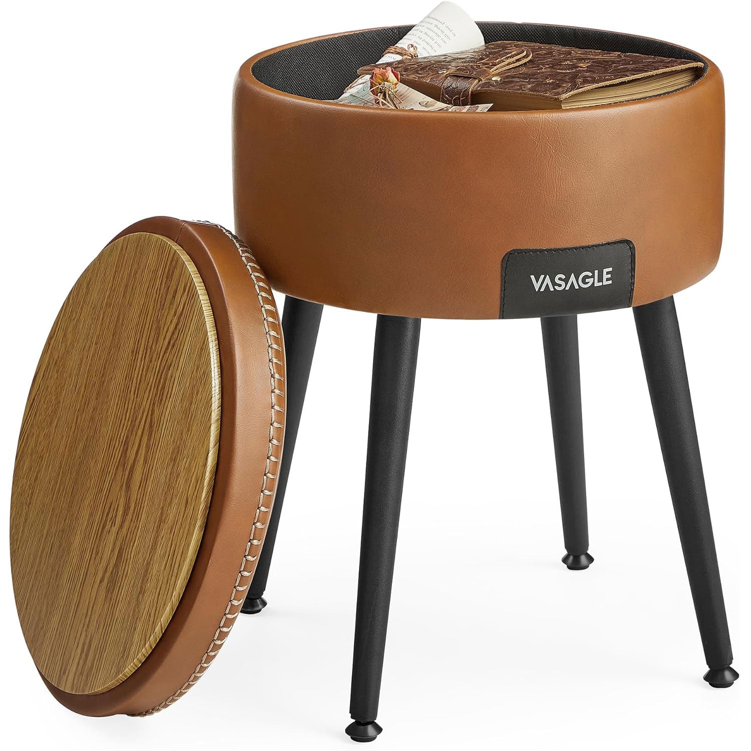 VASAGLE Taburet cu spatiu de depozitare, tapitat PU, cu 2 fete, diametru 32 cm, maro