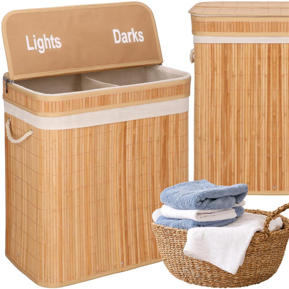 Cos de rufe din bambus cu capac, 2 compartimente, sac detasabil, volum 100L, 53x32x62cm, maro