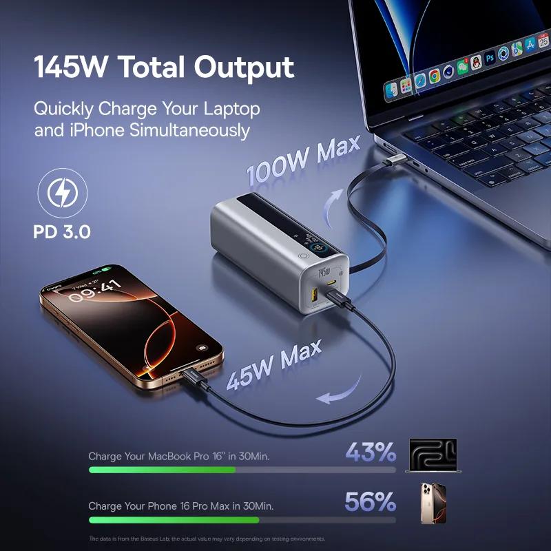 POWER BANK Baseus EnerGeek GR11, 20000mAh, 145W, 2 x USB Type-C, 1 x USB, cablu integrat USB Type-C, display, argintiu, "E0027B02" - 6932172691738