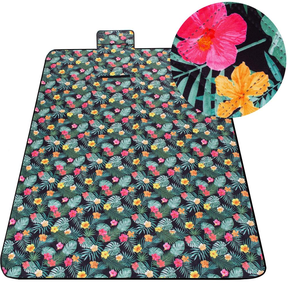 Patura pentru picnic sau plaja, cu folie izolatoare si maner, 200x200cm, negru floral