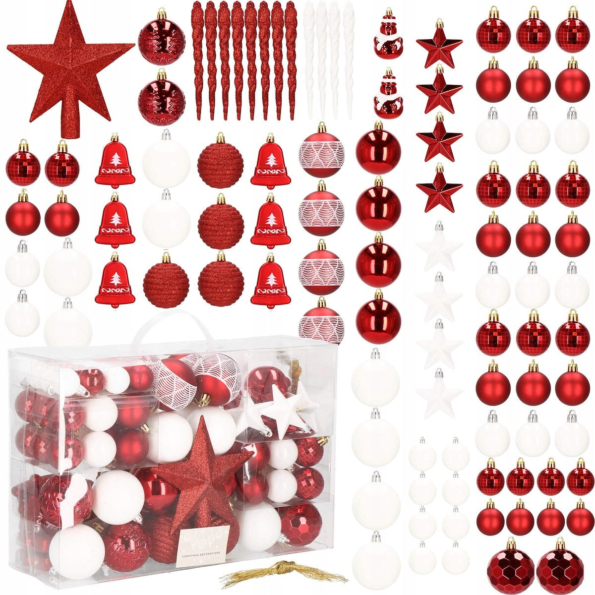 Set globuri si decoratiuni de Craciun, 105 piese, diverse dimensiuni, alb rosu