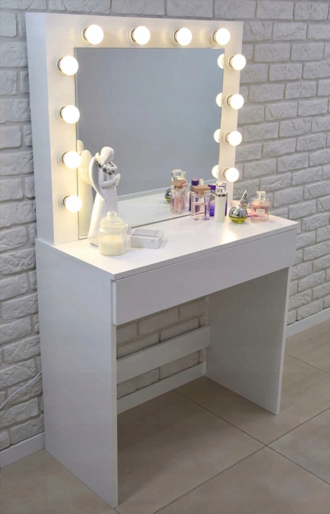 Masa de toaleta si machiaj Hollywood, alba, cu oglinda si 12 LED-uri, 80x40x140 cm