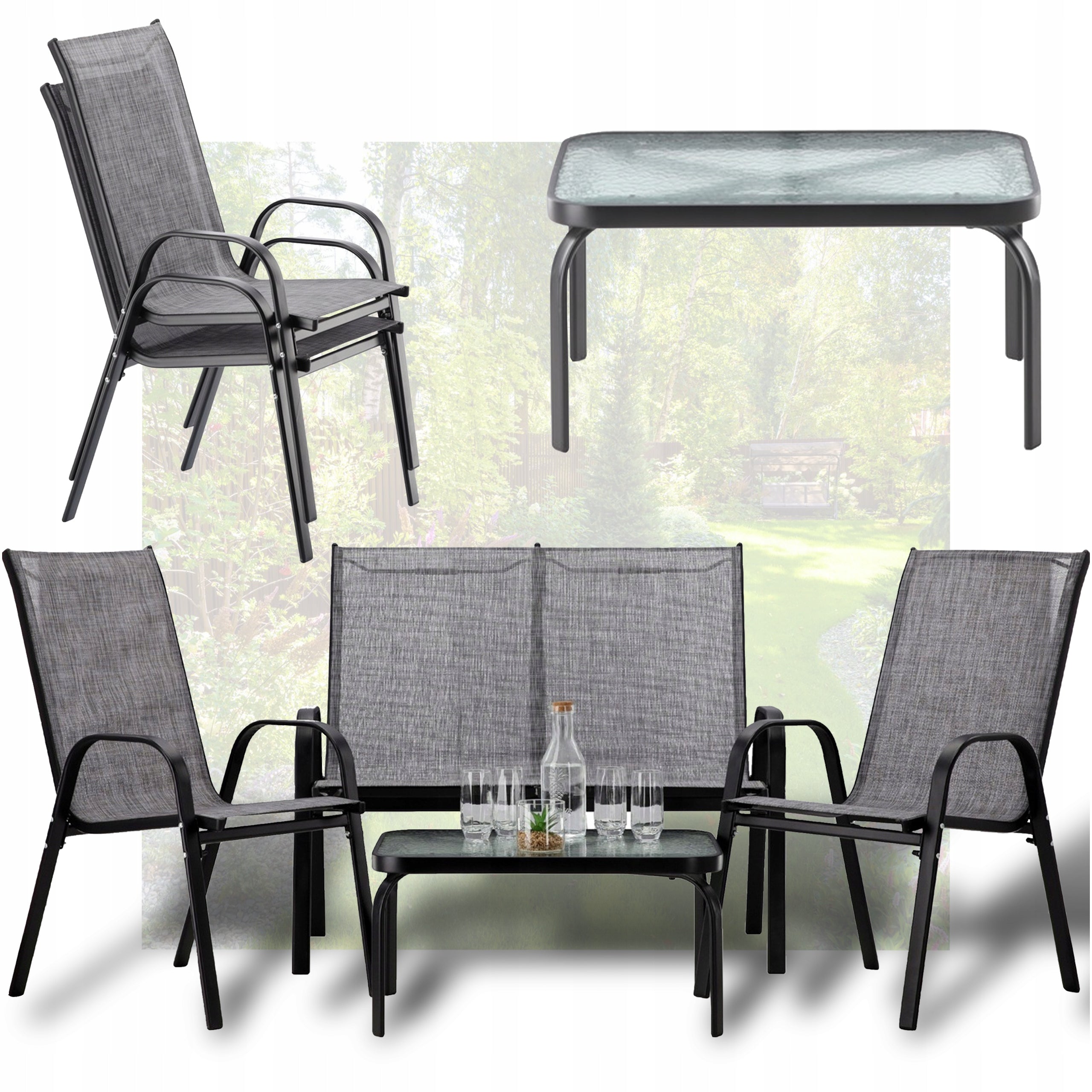 Set mobilier gradina textilene, 2 scaune, 1 canapea si 1 masa, gri deschis