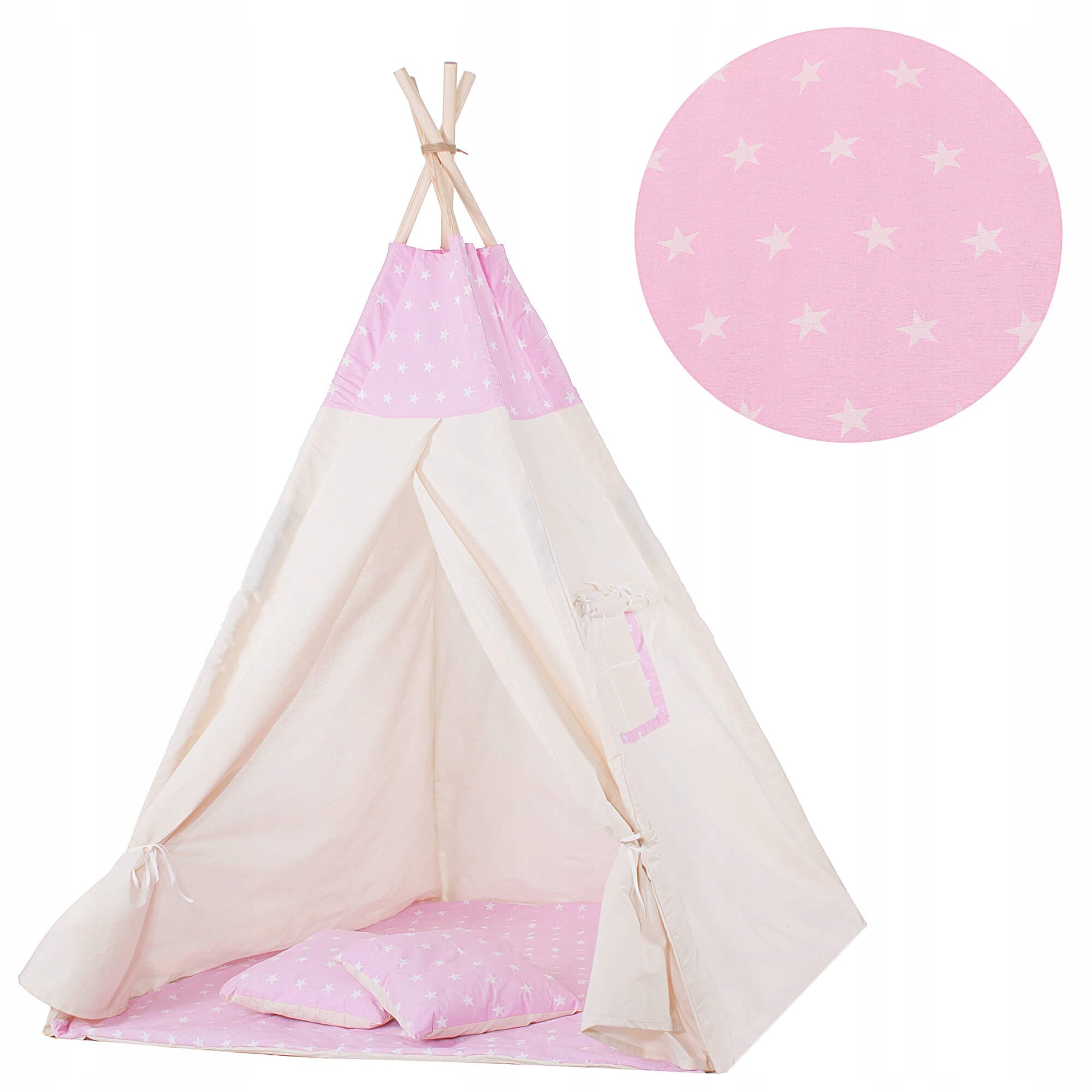 Cort copii Sersimo stil indian Teepee Tent cu fereastra, covoras gros si 2 perne, alb roz cu stelute