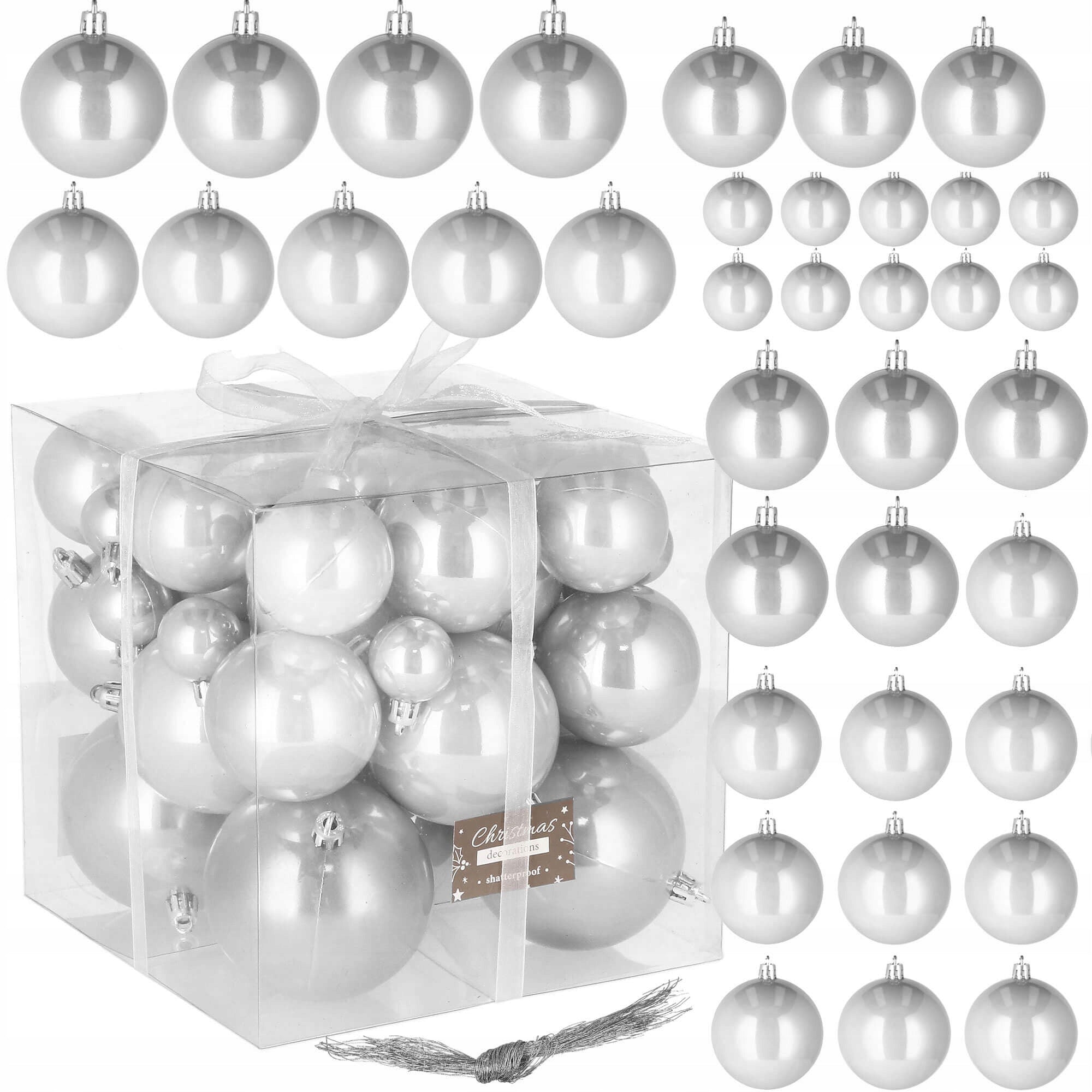 Set globuri de Craciun, 37 bucati, 3-8cm, argintiu