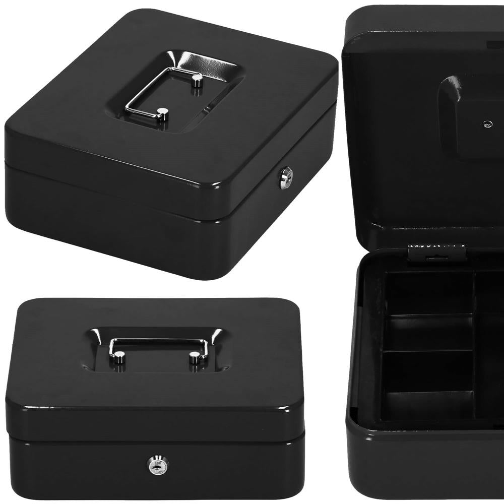 Caseta pentru bani tip cutie de valori, compartimentanta, cu cheie, metal, 25x20x9cm, negru