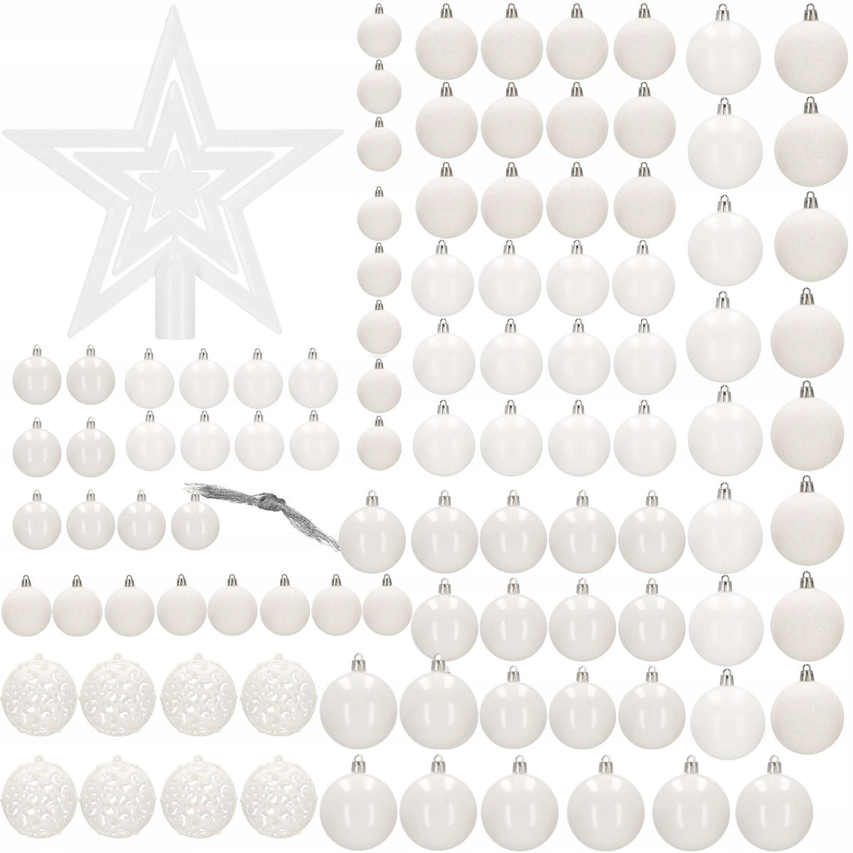 Set globuri si decoratiuni de Craciun, 100 piese, diverse dimensiuni cu stea, alb