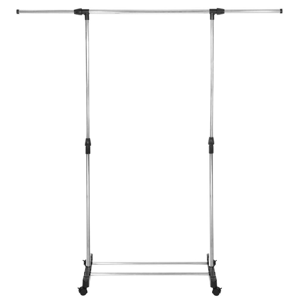 Suport pentru haine pe roti, reglabil pe inaltime si latime, din aluminiu cromat, 160x45x150cm, argintiu