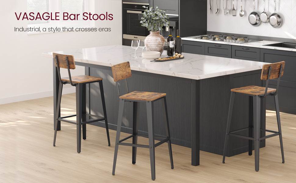 VASAGLE Set 2 scaune de bar, inalte cu spatar, industrial, 45x45x102cm, maro rustic si negru