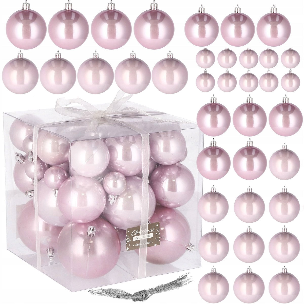 Set globuri de Craciun, 37 bucati, 3-8cm, roz