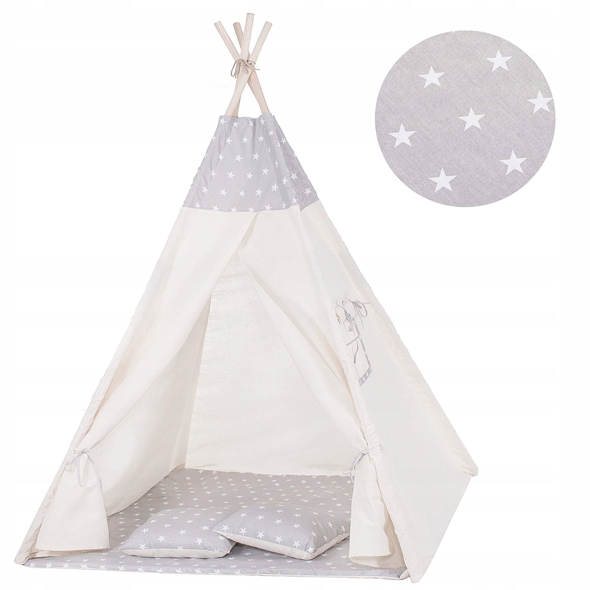 Cort copii Sersimo stil indian Teepee Tent cu fereastra, covoras gros si 2 perne, alb gri