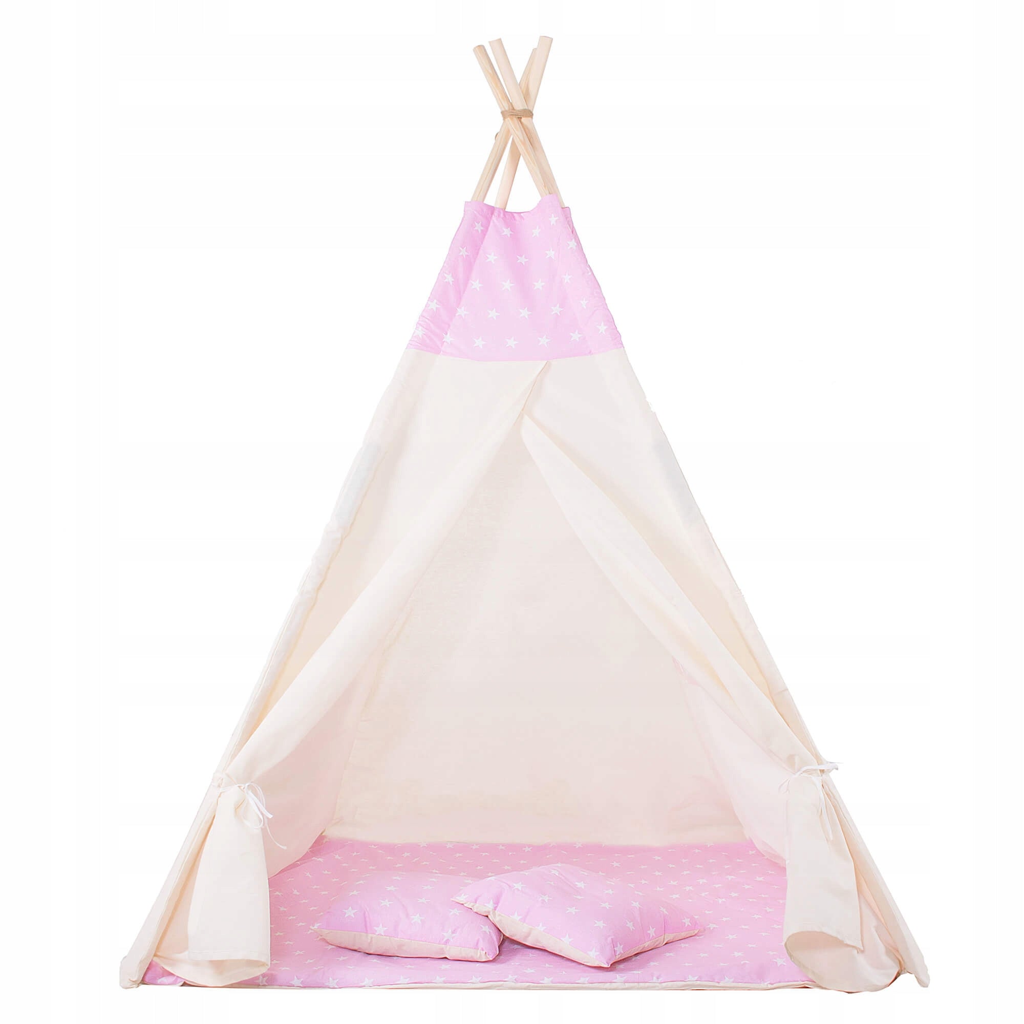 Cort copii Sersimo stil indian Teepee Tent cu fereastra, covoras gros si 2 perne, alb roz cu stelute