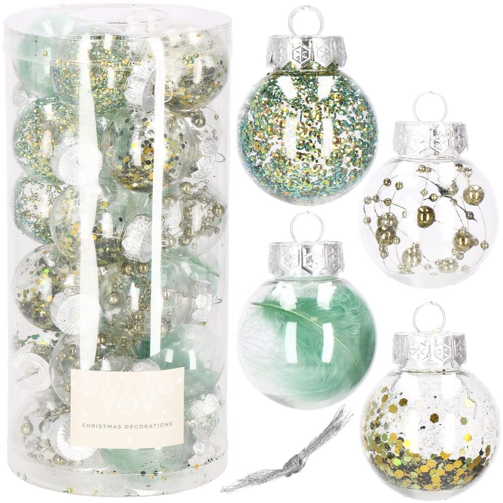 Set globuri de Craciun Inedit, 24 bucati, 5cm, transparente si verde