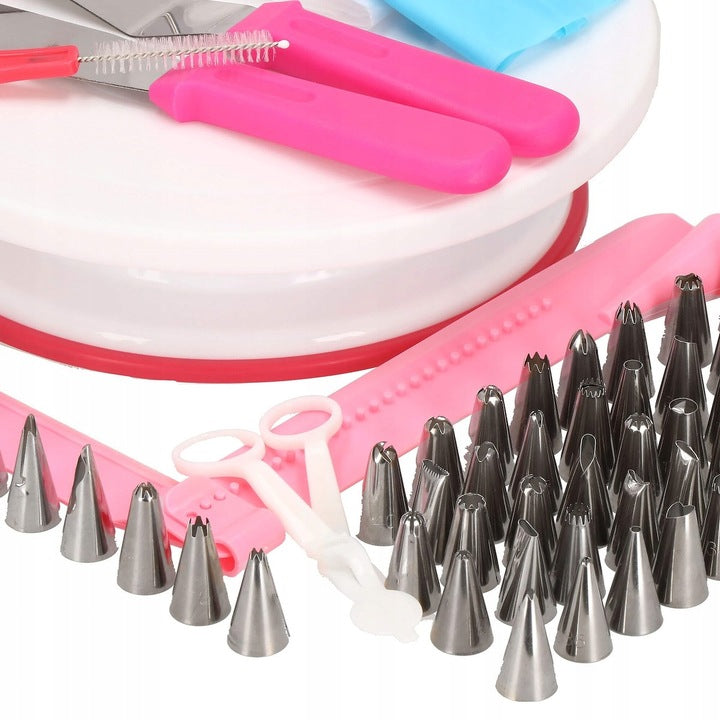 Set patiserie cu platou rotativ, 200 piese cu sabloane pentru ornarea prajiturilor