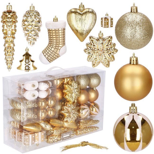 Set globuri si decoratiuni de Craciun, 72 piese, diverse dimensiuni, auriu