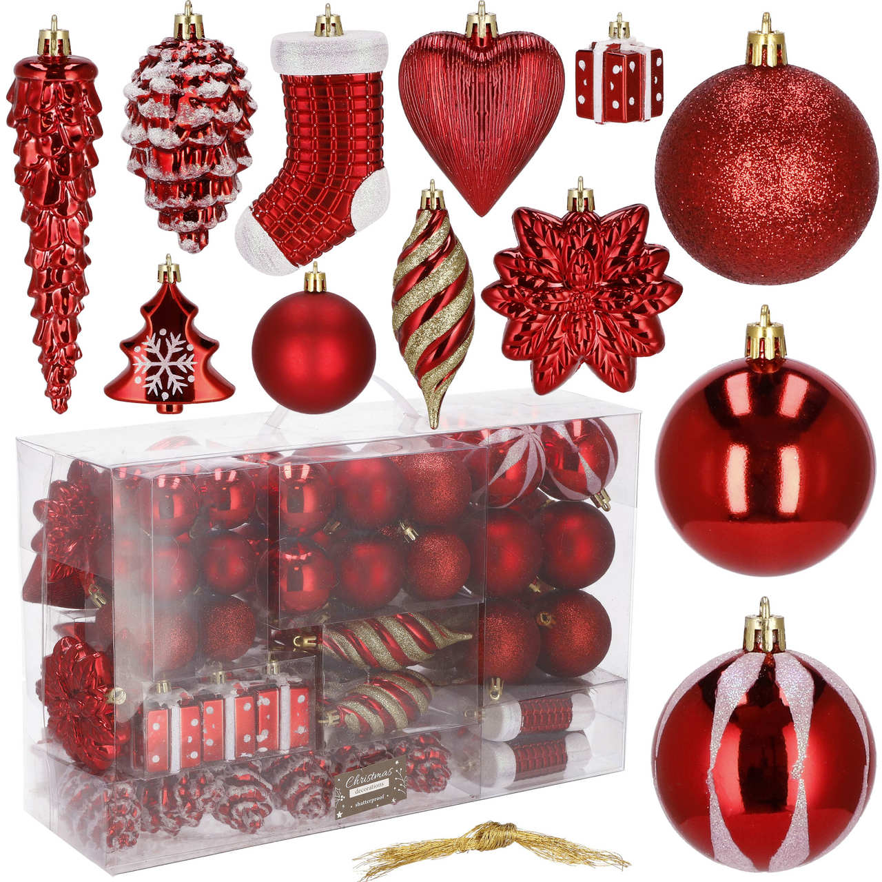 Set globuri si decoratiuni de Craciun, 72 piese, diverse dimensiuni, rosu