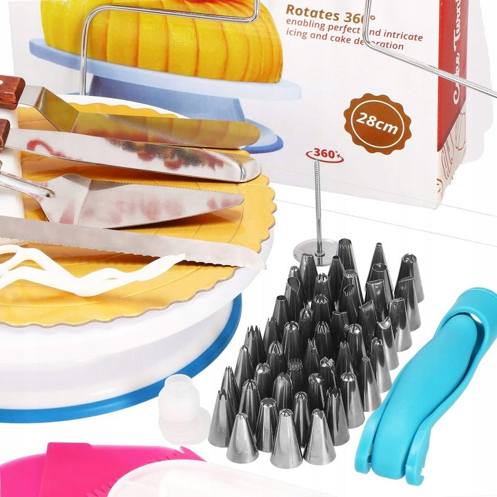Set patiserie cu platou rotativ, 124 piese cu sabloane pentru ornarea prajiturilor