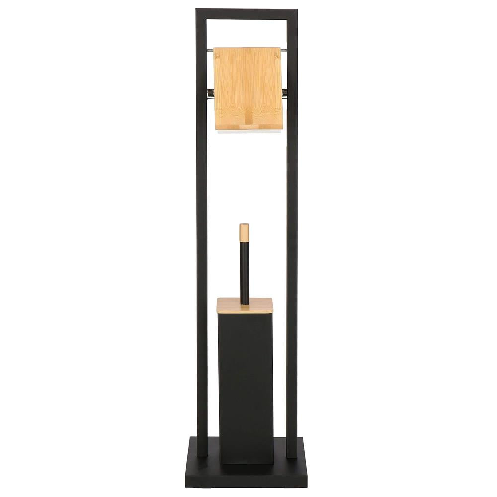 Stand cu perie WC si suport hartie igienica, metal si bambus, 80cm, negru