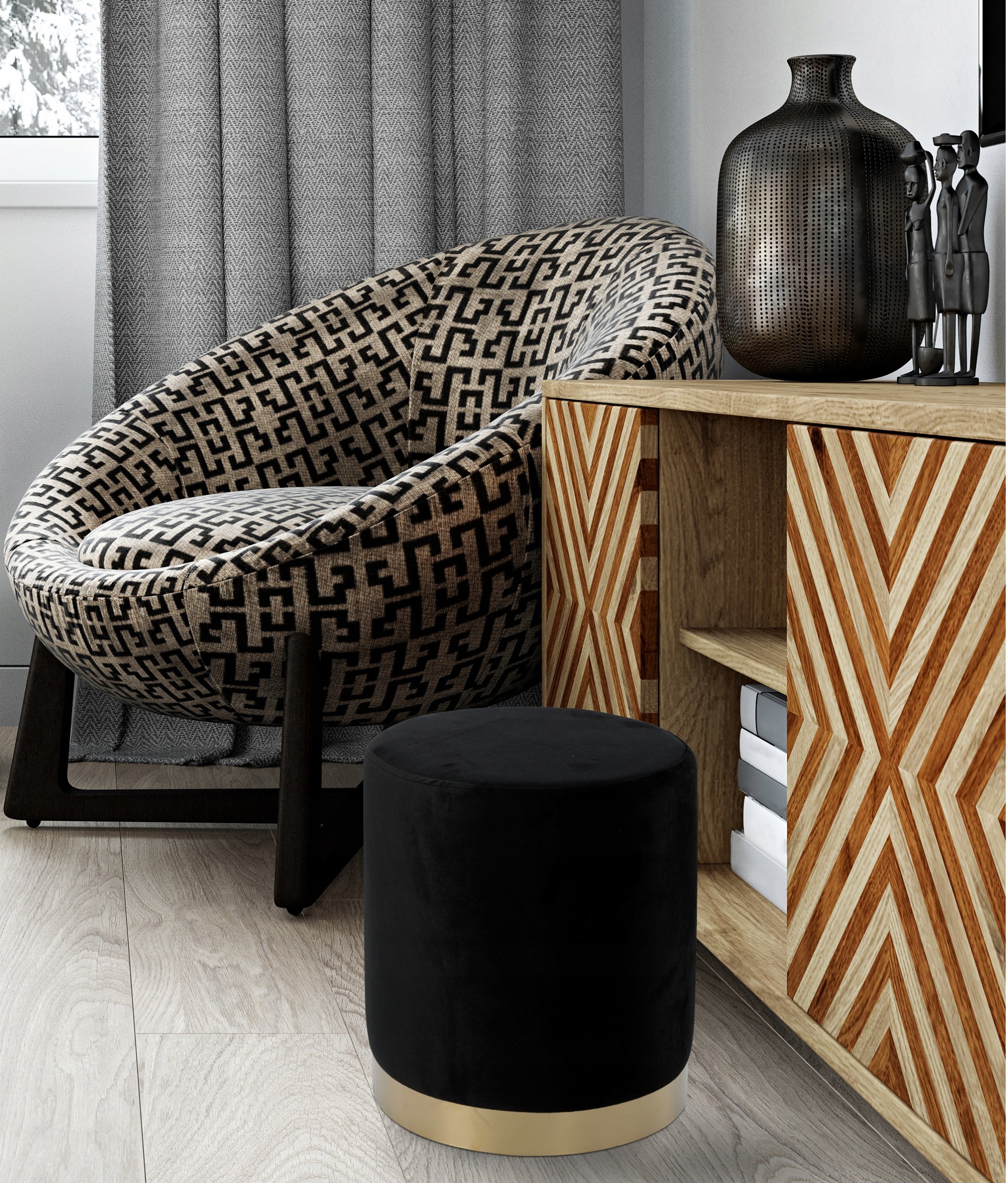 Taburet rotund, tapitat cu stofa, sarcina 100 kg, 35x40 cm, negru