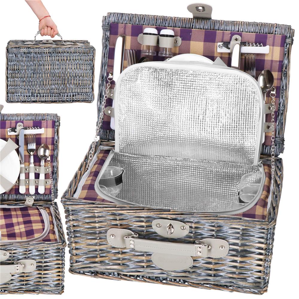 Cos de picnic echipat pentru 4 persoane Deluxe, din rachita, cu vesela si tacamuri, izolat termic, gri