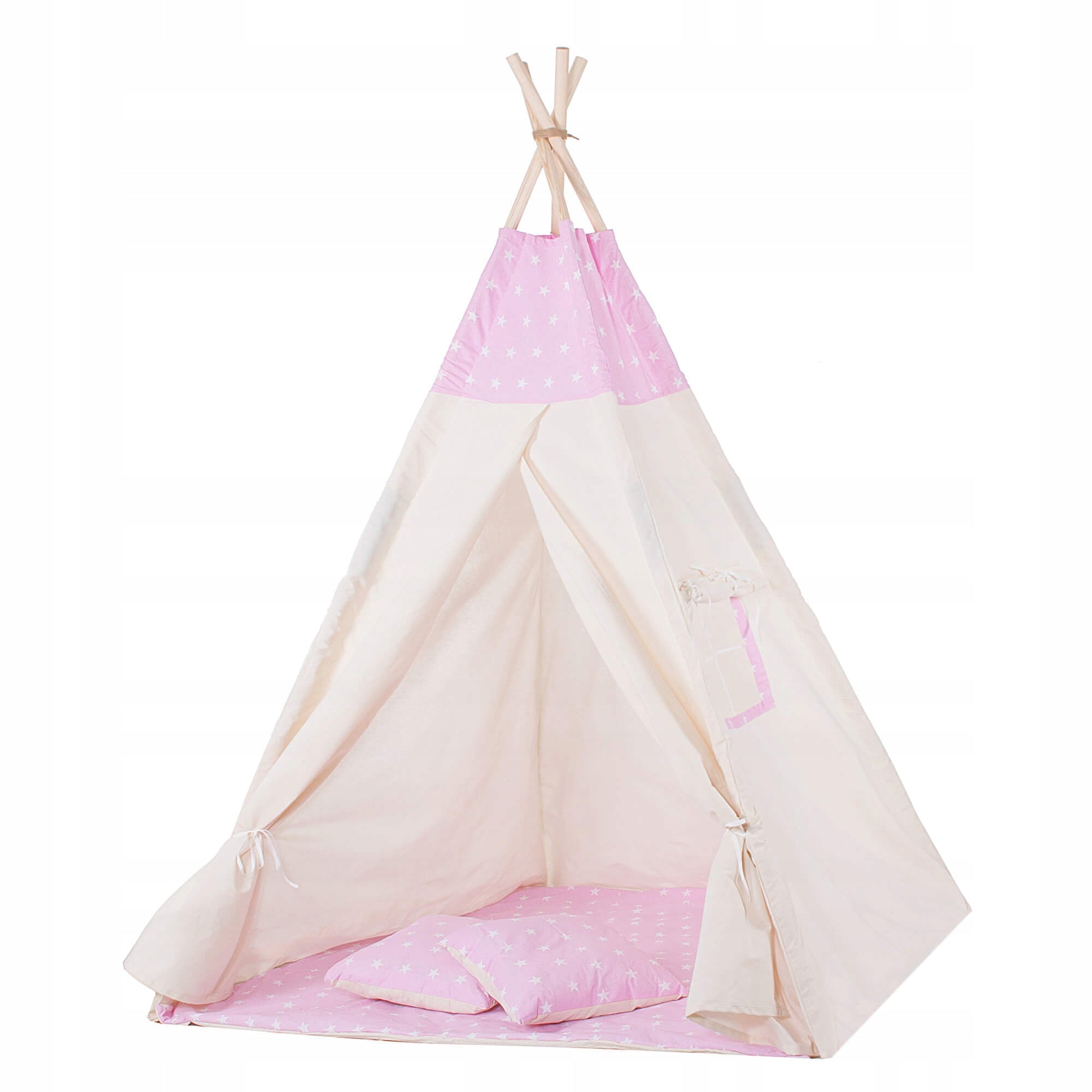 Cort copii Sersimo stil indian Teepee Tent cu fereastra, covoras gros si 2 perne, alb roz cu stelute